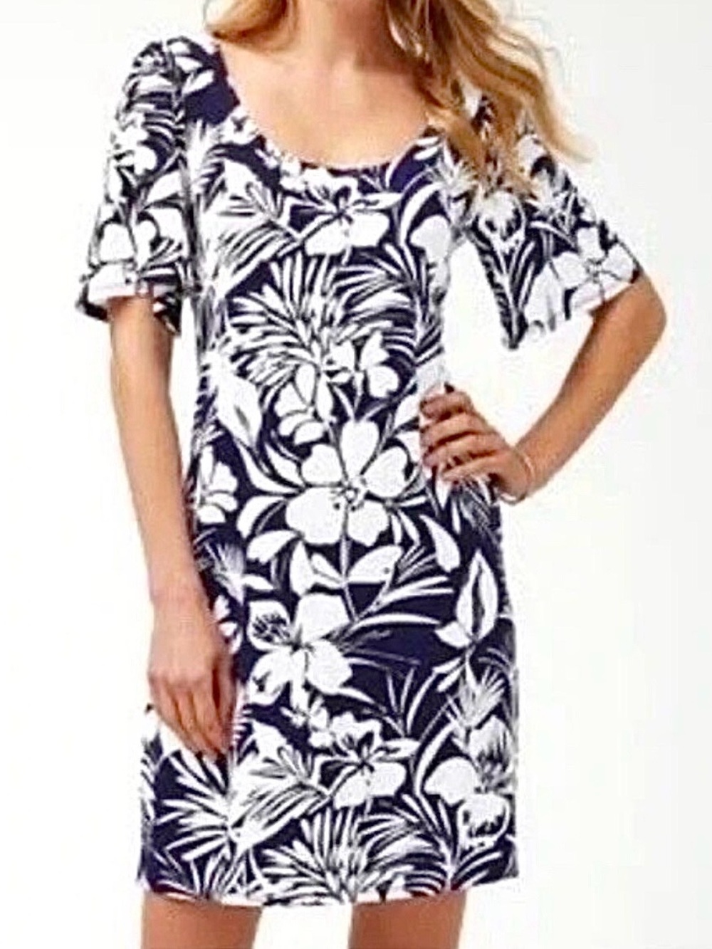 Tommy Bahama Navy & White Tropical Scoop Neck Shift Dress